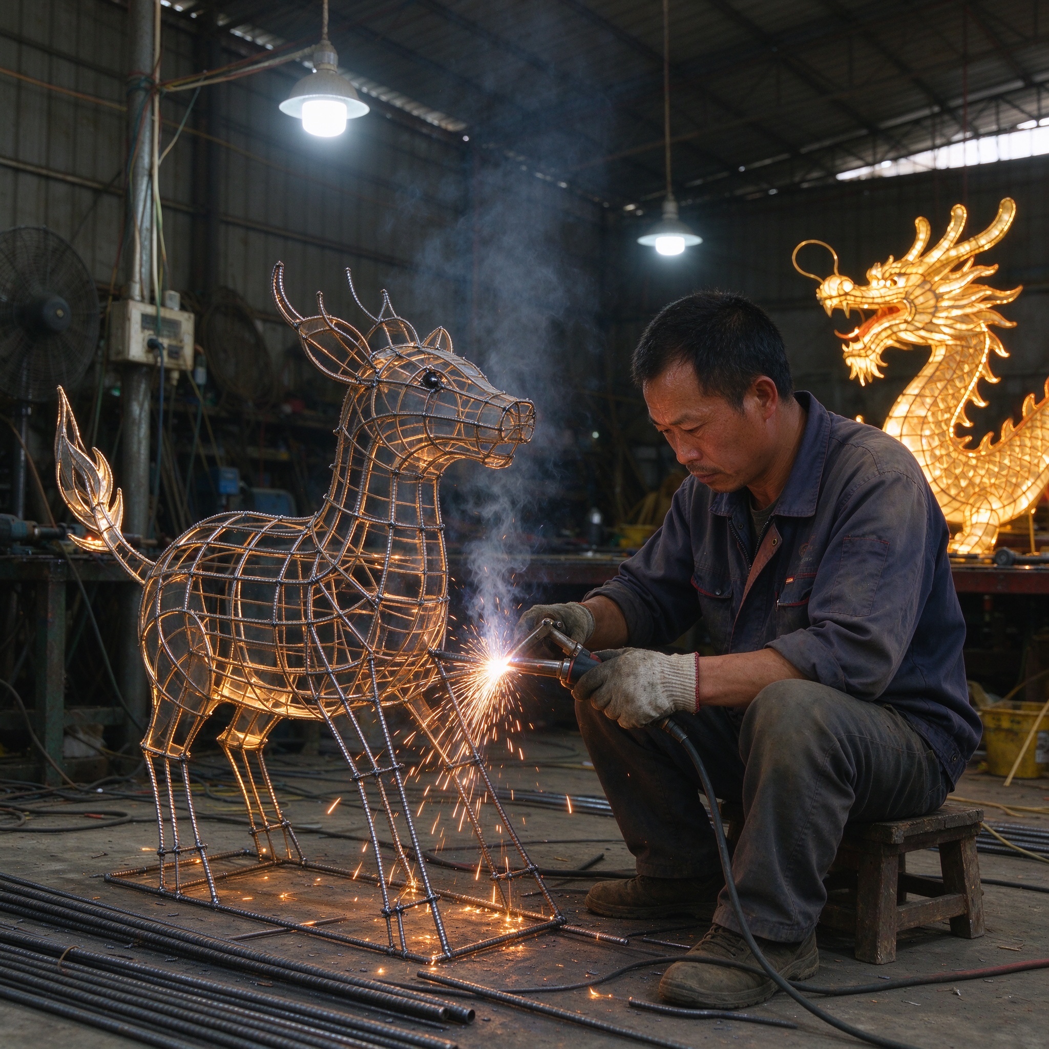 Workers bending steel frames at the Zigong lantern factory