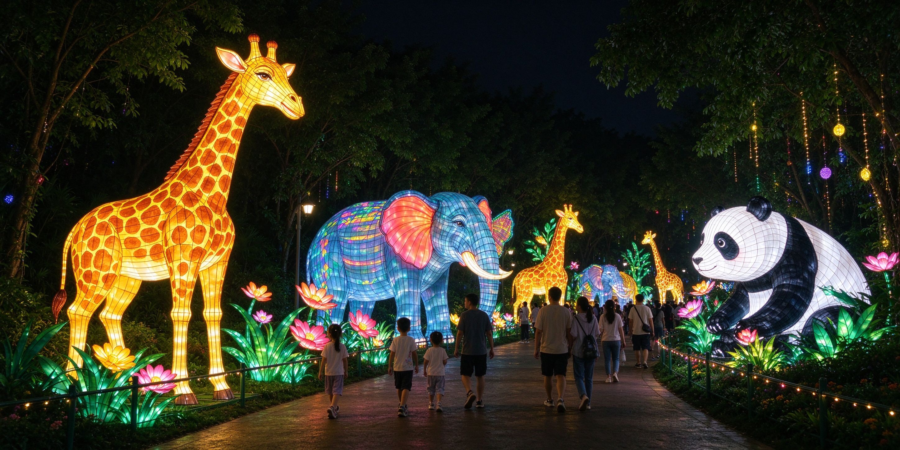 Zoo lights with glowing animal lanterns at a zoo lantern festival
