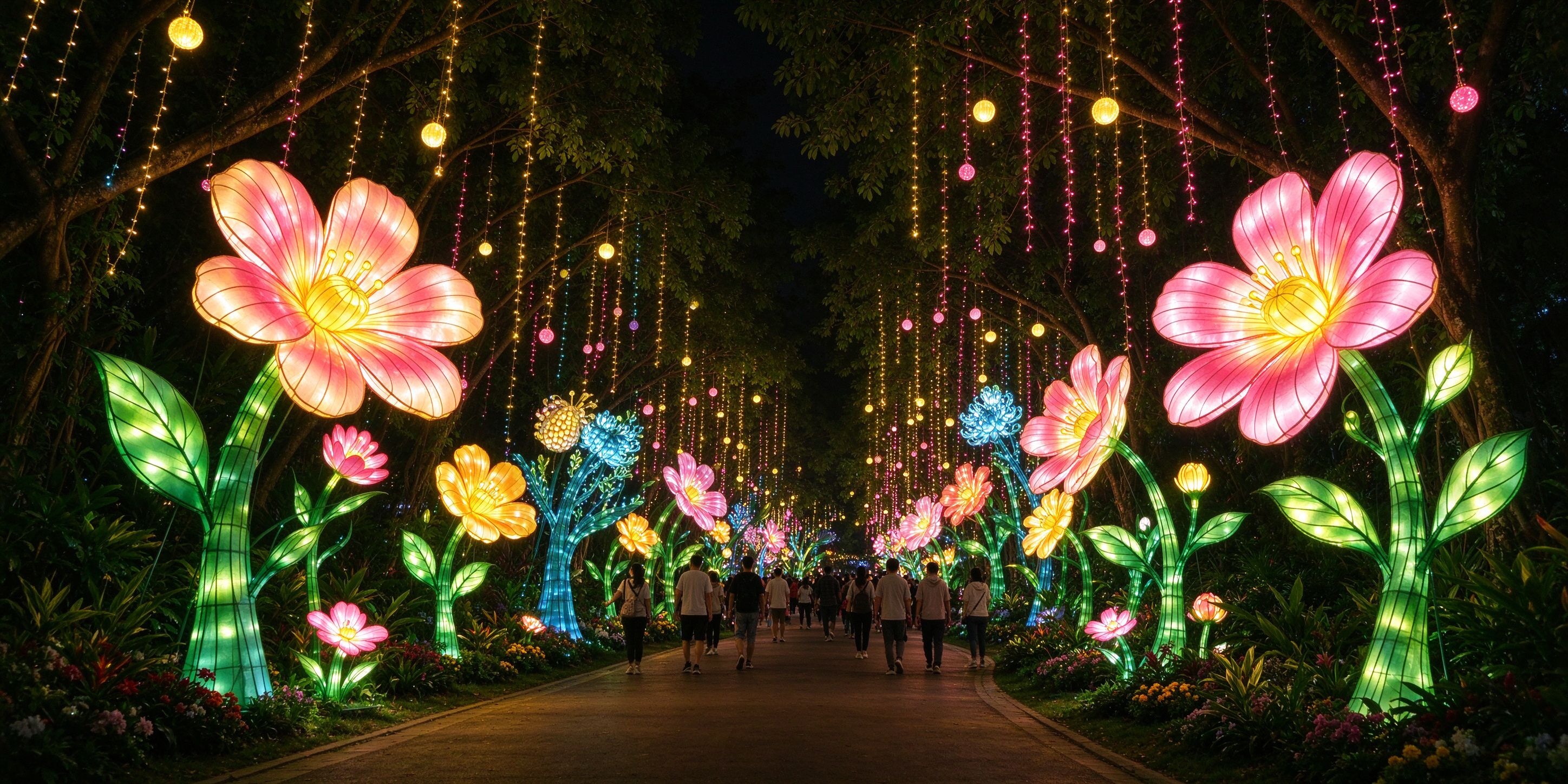 Illuminated 3d motif lights and light sculptures along a garden light trail
