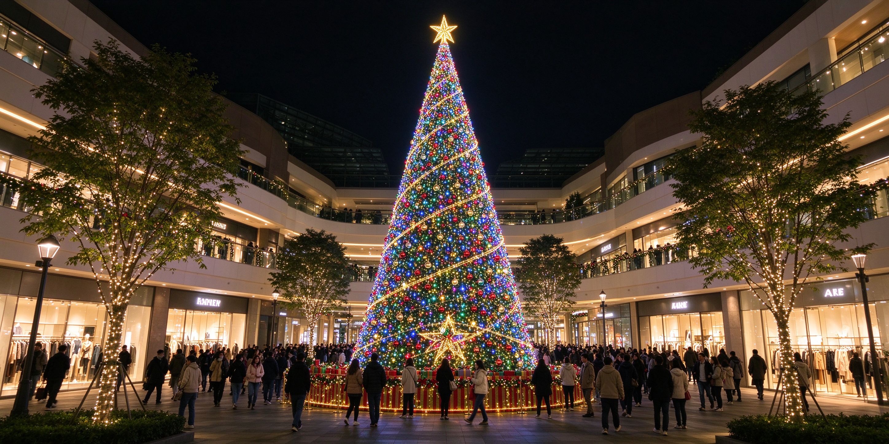 Commercial christmas light show and holiday lights display in a mall atrium