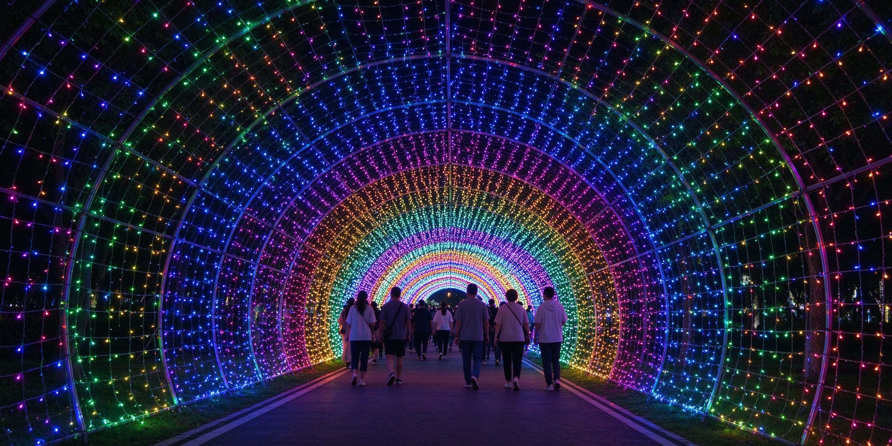Interactive light installation with a glowing light tunnel