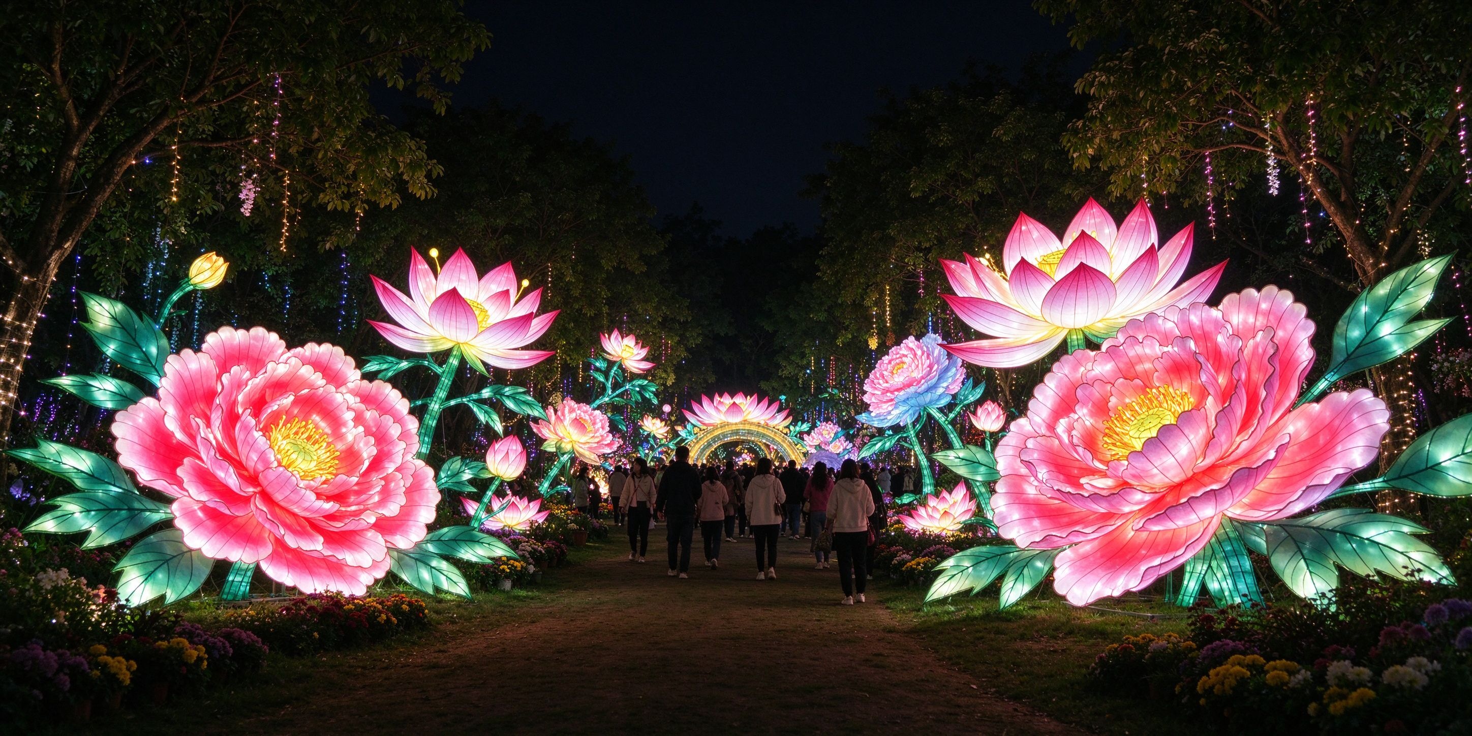 Garden glow with colorful flower lantern display at night